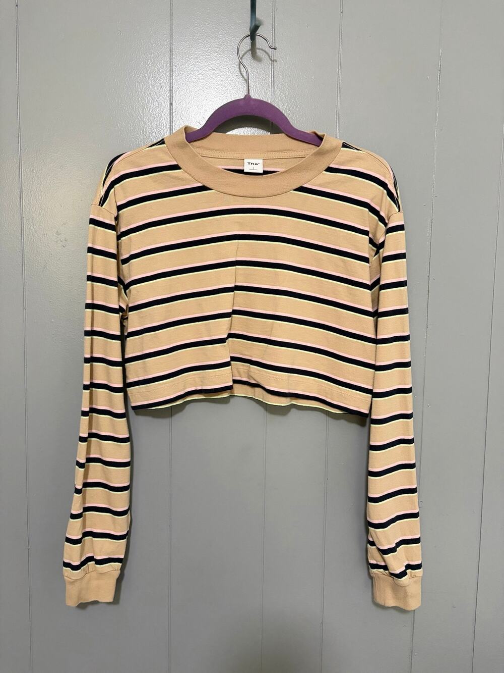 Aritzia TNA Ryer Tan Stripped Cotton Crewneck Long Sleeve Athleisure Crop Top S